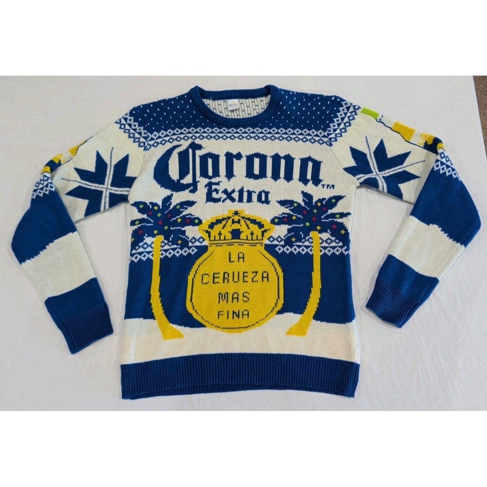 Corona Extra Beer Acrylic Sweater Palm Trees Blue/Ivory/Yellow Adult Size Large